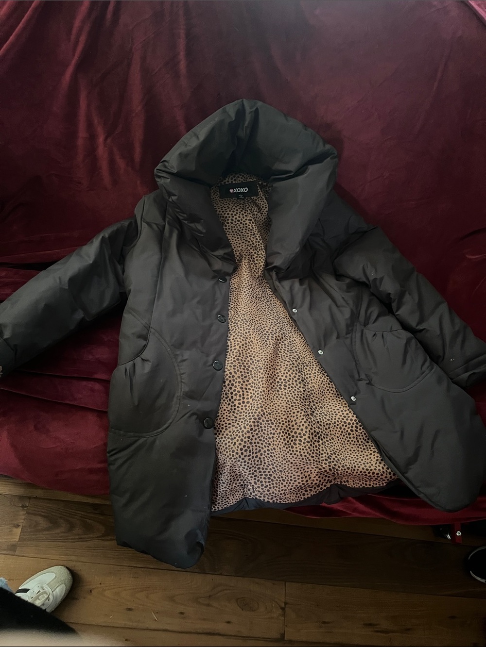 XOXO Black Puffer Jacket with Leopard-Print Lining